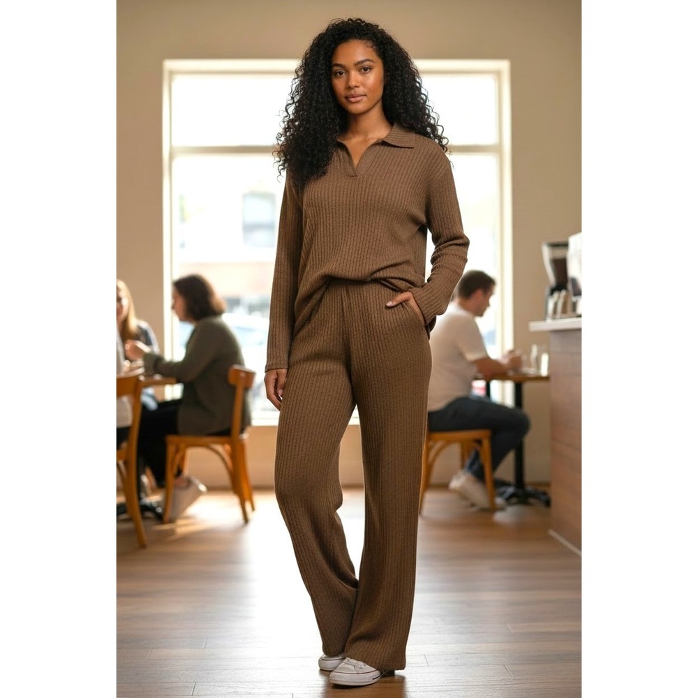 (J-276) Berkshire Homewear 2 Pc Lounge Set Brown Ribbed Top Pants Size S NWT QVC